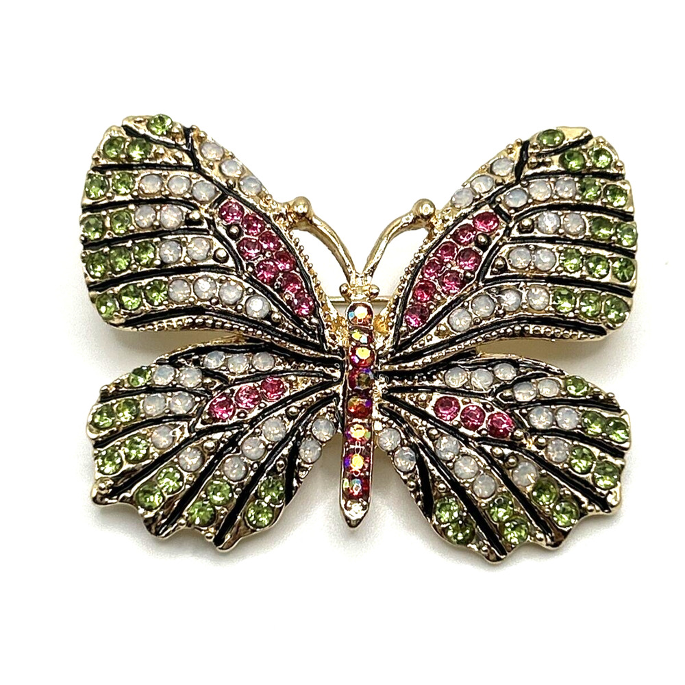 Butterfly Pink Green Rhinestone Gold Tone Brooch Pin‎ Unsigned Fashion NWOT